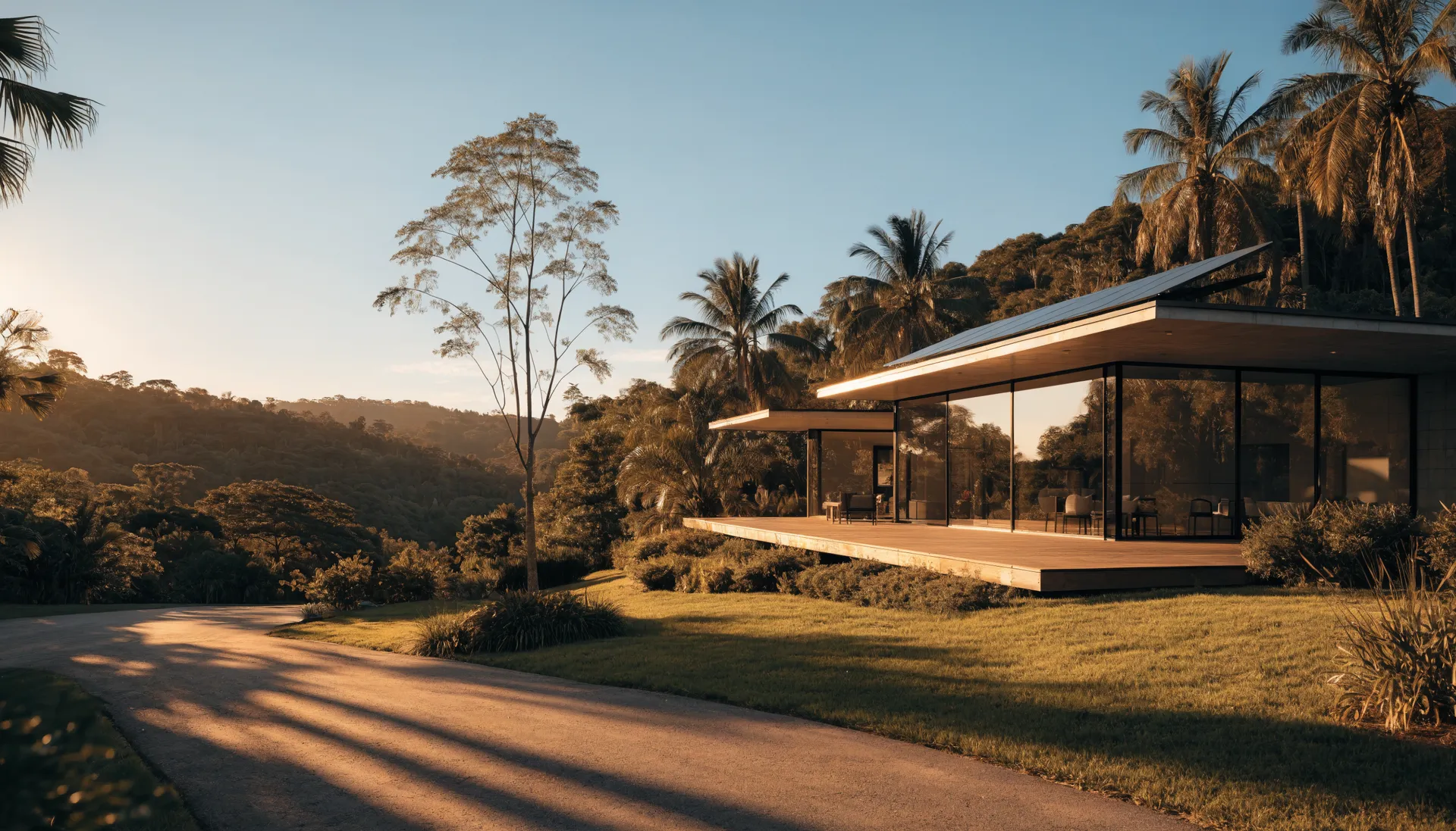 Maison moderne équipée de panneaux solaires au soleil couchant