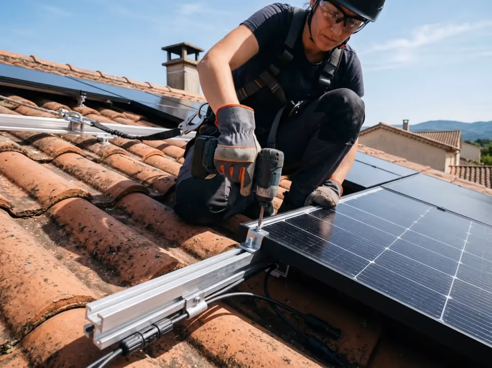 Installateur fixant un panneau photovoltaïque sur le toit d'une maison